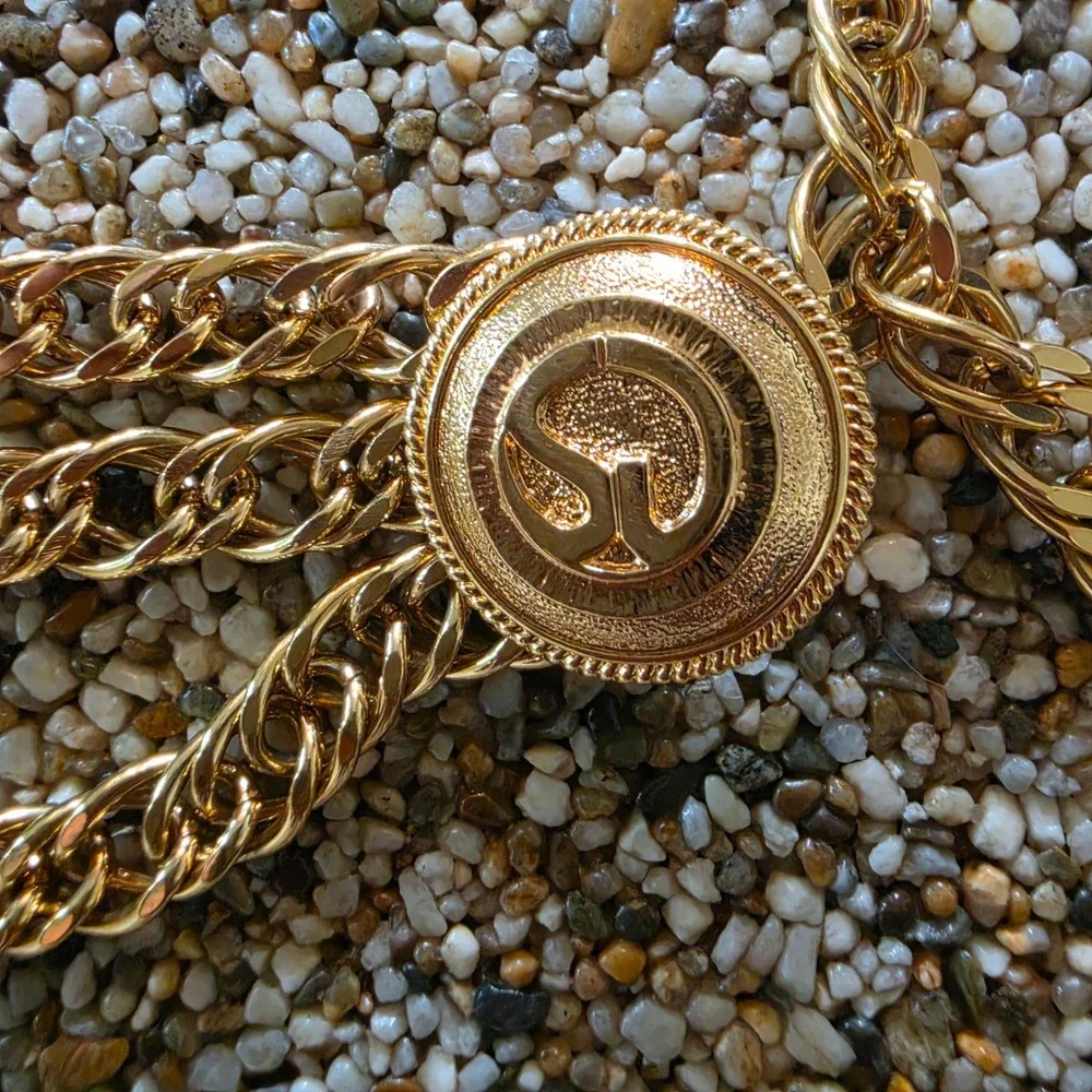 Vintage St John Gold Tone Medallion Multi Strand Curb Chain Belt SJ Logo